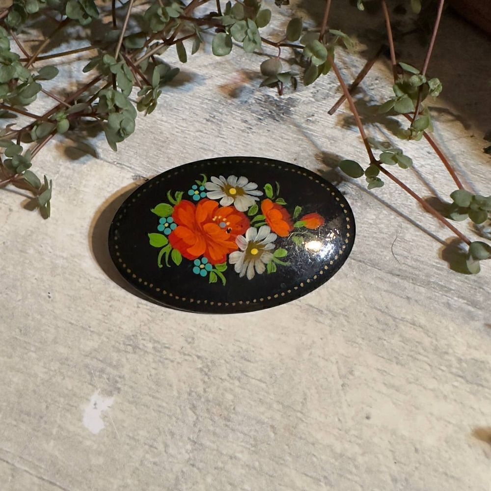 Vintage Russian Hand Painted Floral Wooden Brooch